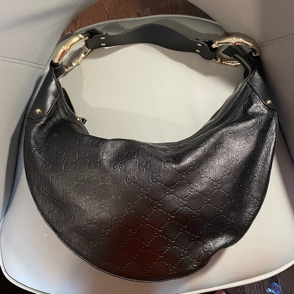 GUCCI Guccissima Half Moon Bamboo Ring Hobo Black - Picture 1 of 9